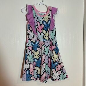 Sunshine Swing Girls Bunny Rabbit Print Ruffle Shoulder Dress Pastel Size 4